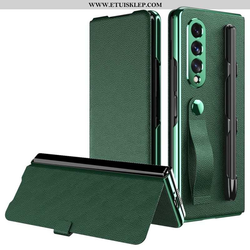 Etui Na Telefon do Samsung Galaxy Z Fold 3 5G Etui Folio Uchwyt I Pasek Ze Skóry Litchi W Stylu Litc